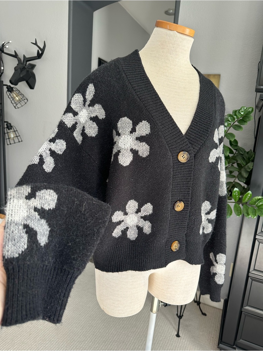T Tahari Black Cardigan with Light Gray Floral Motif, size XL